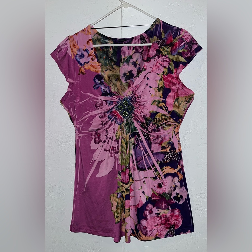 Caribbean Joe Cap Sleeve Pink Floral and Butterfly Print Tunic
